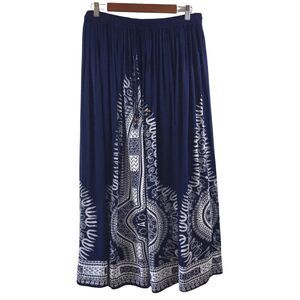 Gypsie Blu S/M Pull On Maxi Skirt‎ Navy Blue White Flowy Boho Hippie Medallion